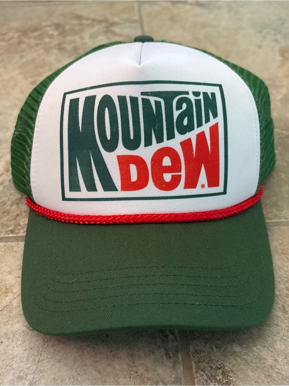 Mountain Dew Trucker Cap Hat Mesh Adjustable Green Red Cord Two Tone Retro Soda